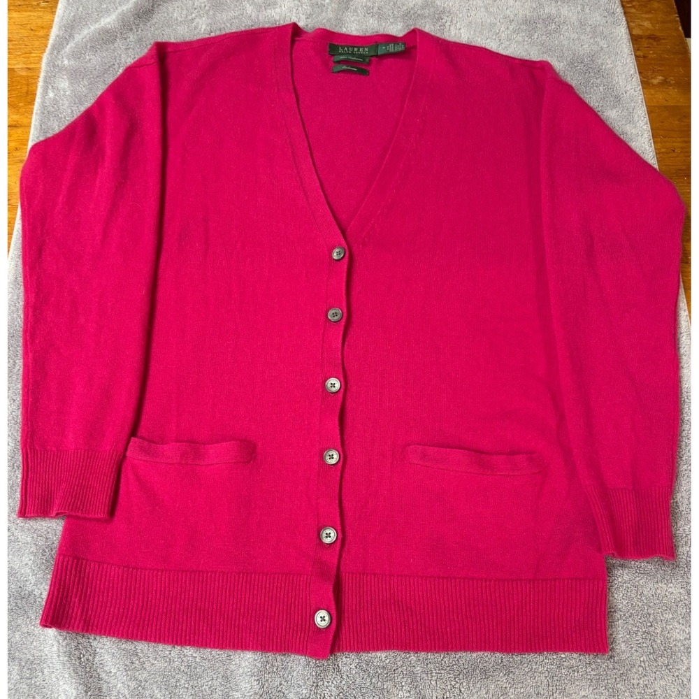Lauren Ralph Lauren Cashmere V-Neck Button Cardigan Sz M, Soft Girl Quiet Luxury